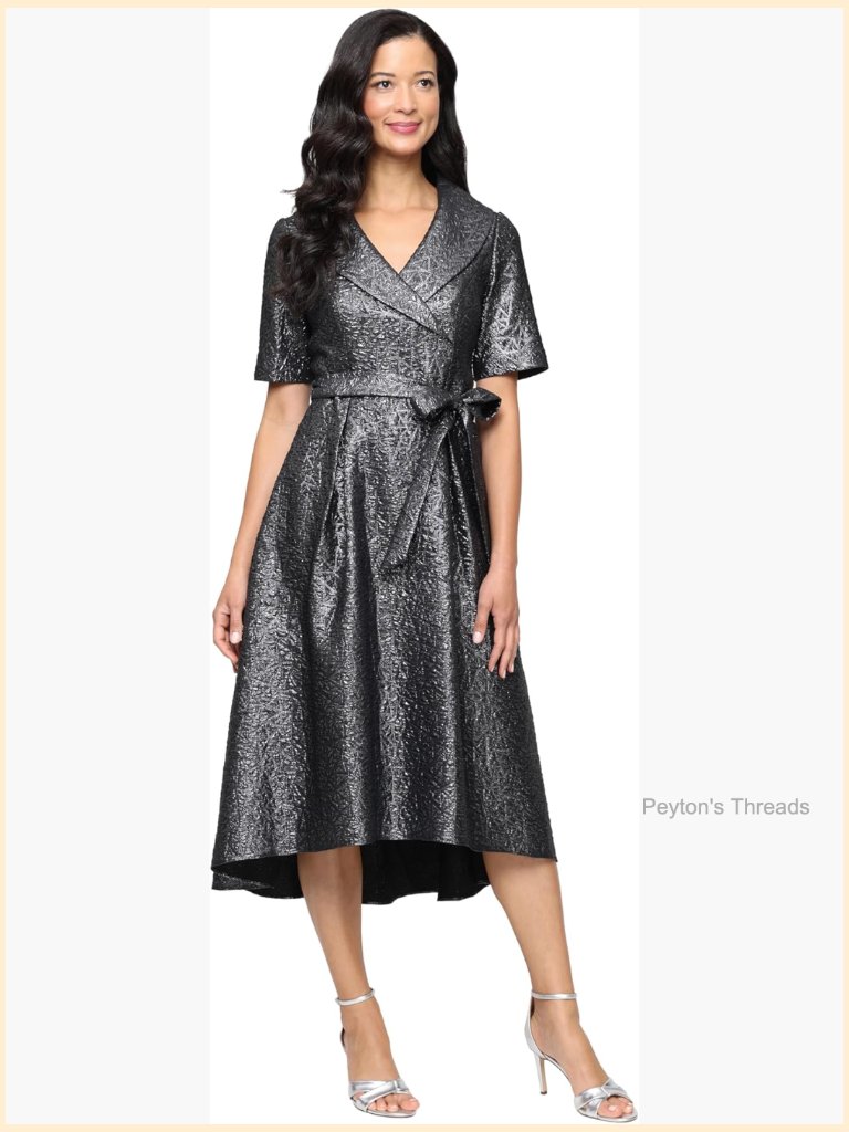 Women's Formal Portrait Collar Dress With Full Skirt, Pockets & Tie Belt